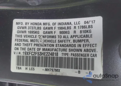 2017 Honda Civic Lx from USA, damaged, VIN 19XFC2F53HE224818